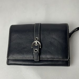 Vintage Black Leather Coach Bifold Compact Buckle Snap Wallet